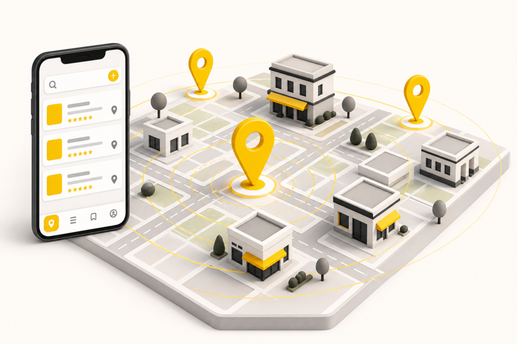 Ilustracja lokalnego SEO z mapą, pinezkami i wynikami wyszukiwania